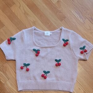 Cherry Appliqué Knit Crop Sweater